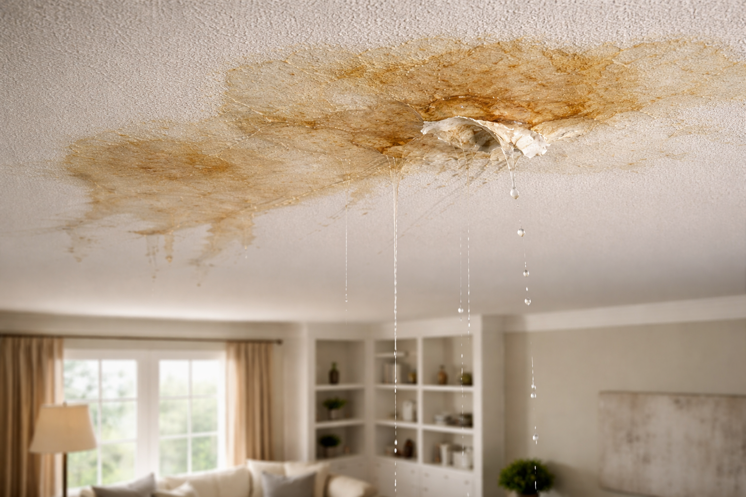 A home with a roof leak on the ceiling, leading to the question "How much does a leaky roof cost to fix?"