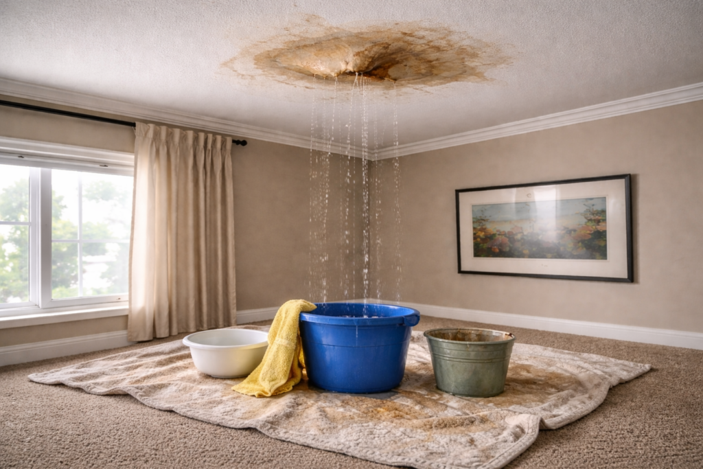 A leaking ceiling in reference to the question "Will a leak in the roof cause mold?"