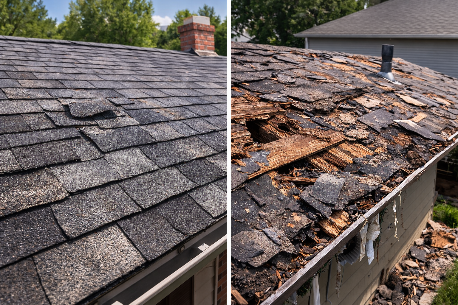 A side-by-side of a roof that needs a roof repair vs replacement