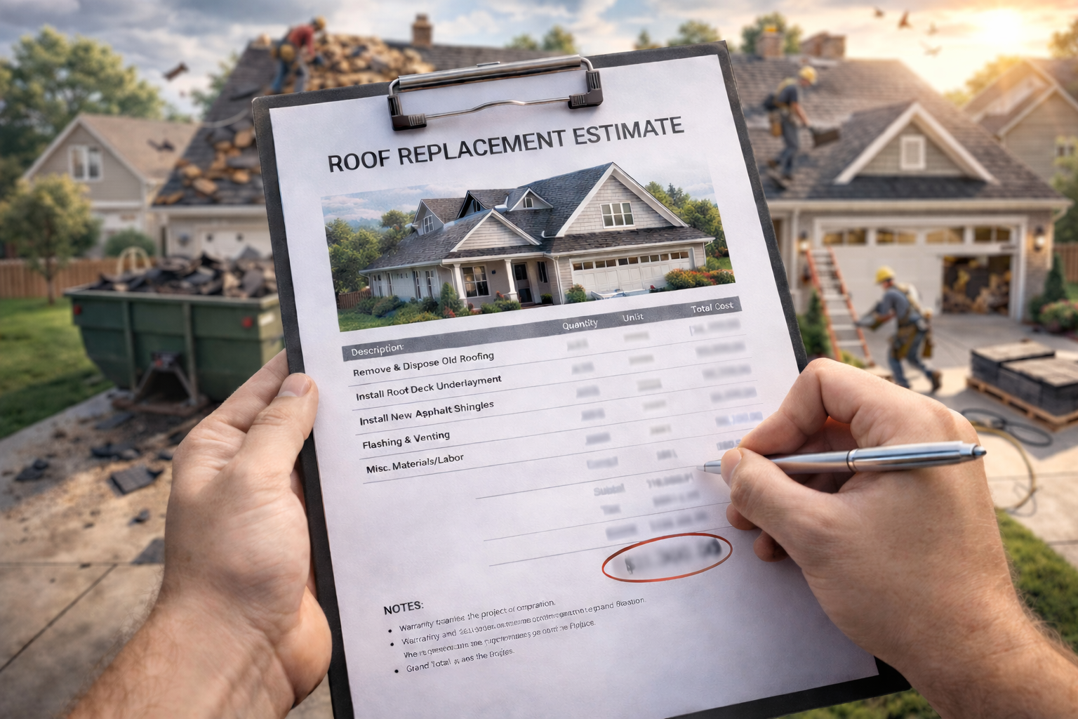 A roof replacement quote shown in reference to the question "What is included in roof replacement quotes?"