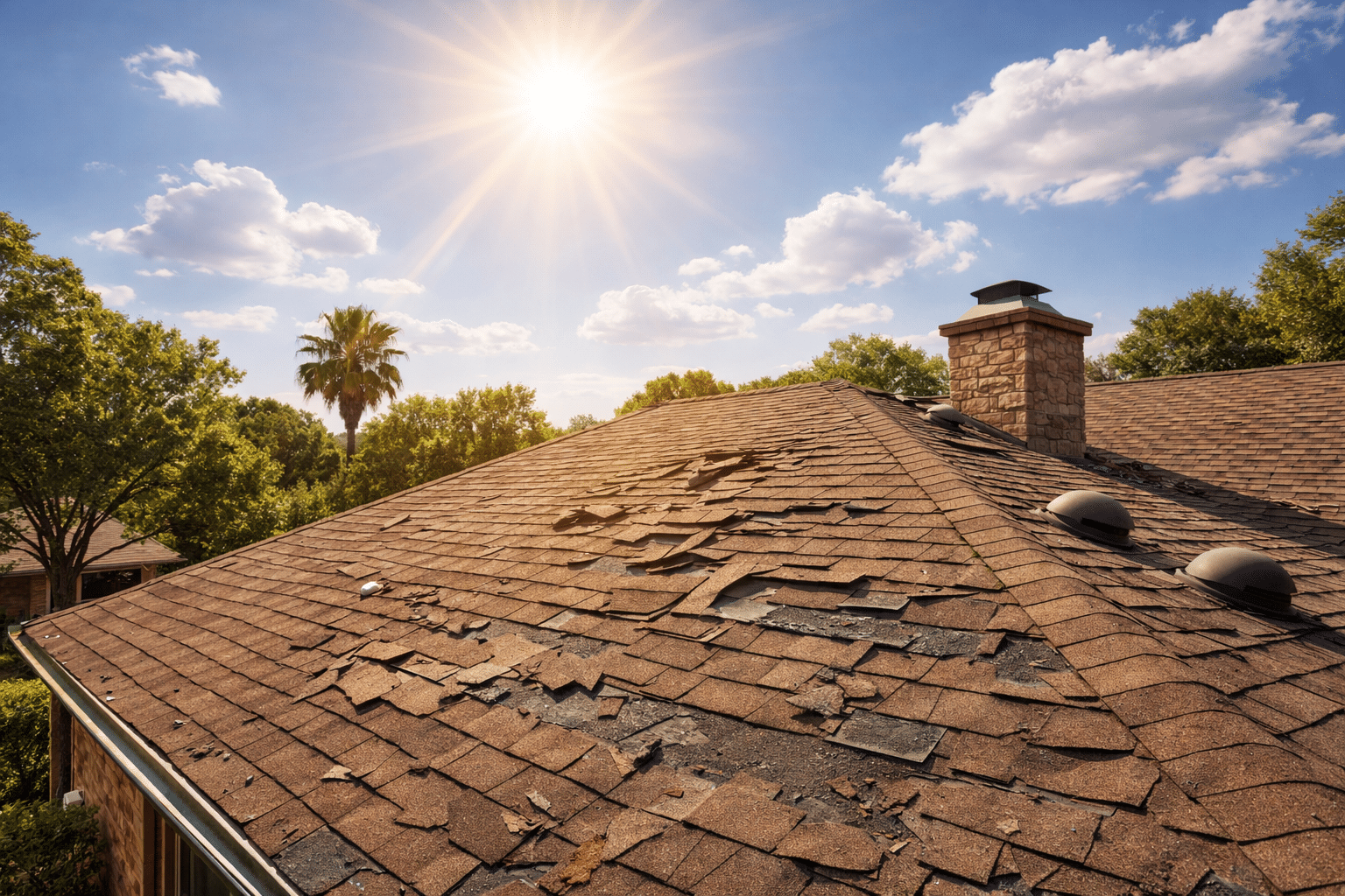 A roof with missing shingles, showing one of the main signs you need a new roof