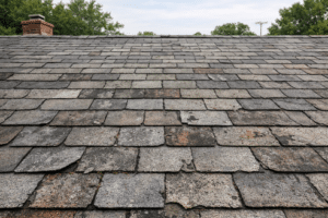 An older-looking roof shown in reference to the question "Does the age of your roof affect insurance rates?"